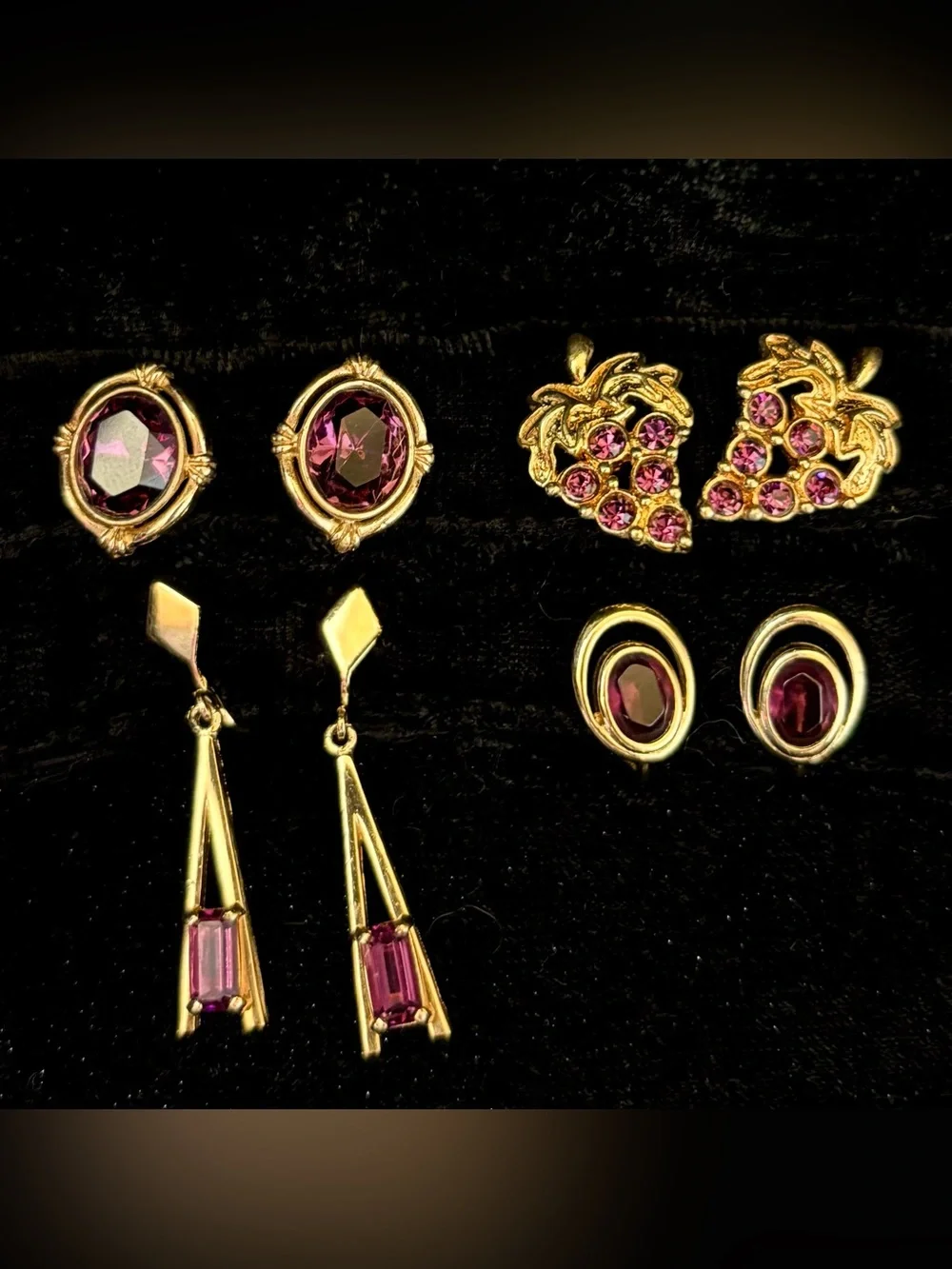 VINTAGE Lot purple Earrings Faux Amethyst Stamp TRIFARI and AVON clip on pierced